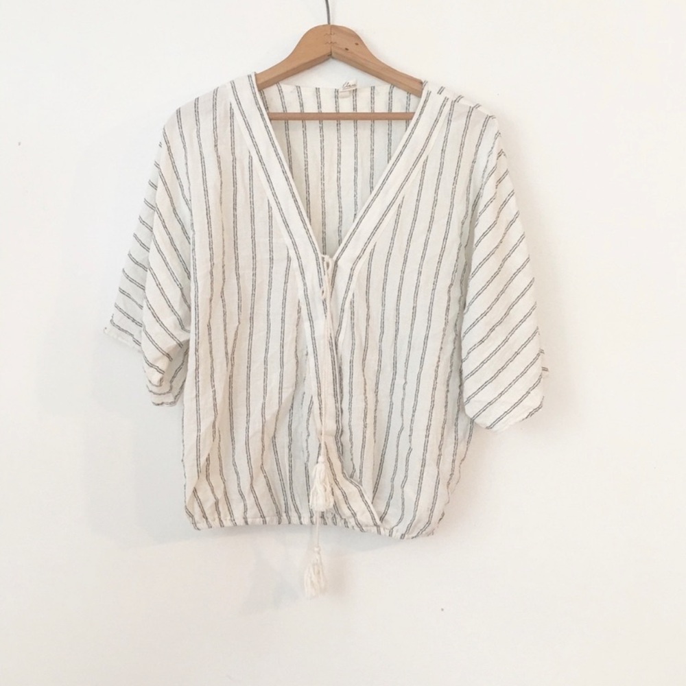ELAN | Metallic Striped Wrap Tassel Tunic Top